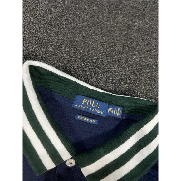 Polo Ralph Lauren Shirt 2XL Navy Blue Stripe Crest Big Pony Rugby Custom Slim - Picture 4 of 9